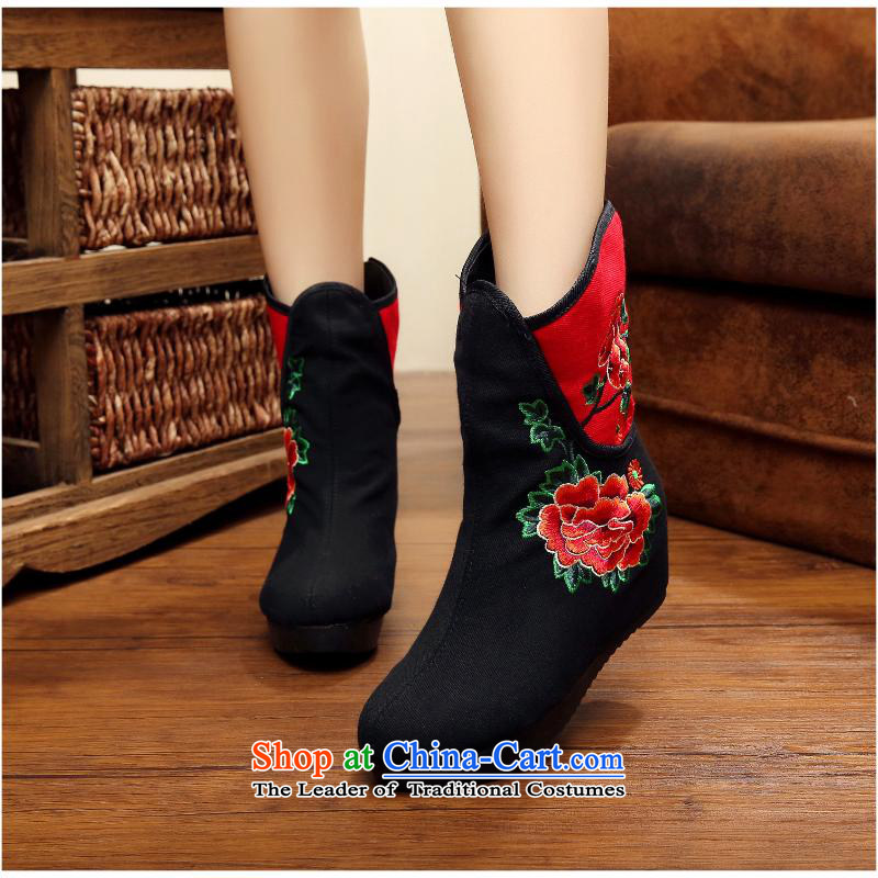 2015 Autumn and winter new peony boots the lint-free, within 5 cm thick boots with embroidered ethnic slope rising wind bootie kit pin female winter boots xhx black 38