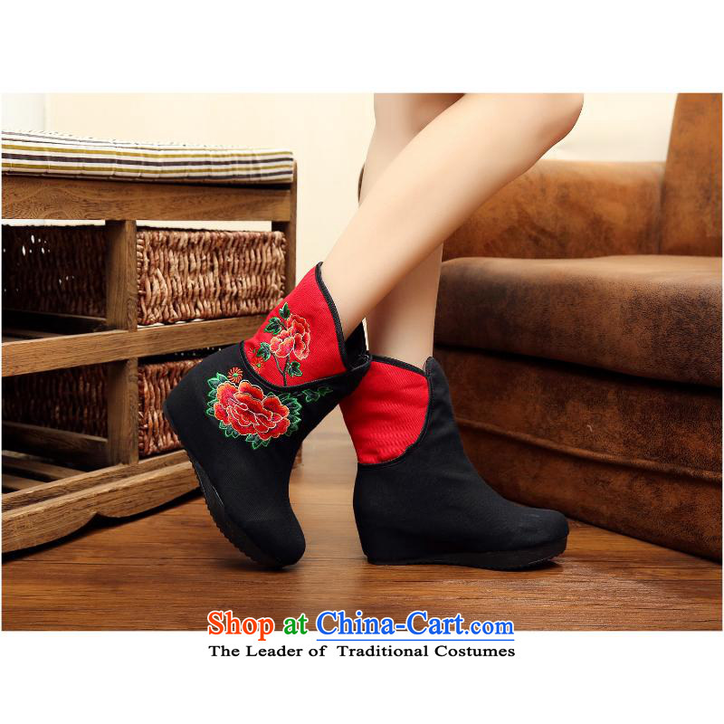 2015 Autumn and winter new peony boots the lint-free, within 5 cm thick boots with embroidered ethnic slope rising wind bootie kit pin female winter boots xhx black 38, Charles (CHANVENUEL) , , , shopping on the Internet