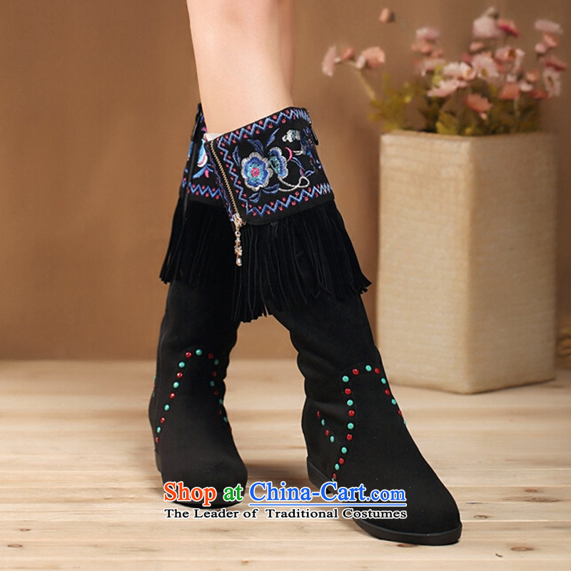 The autumn and winter new long boots children round head high and boots rivets edging boots old Beijing mesh upper ethnic embroidery boots black cotton 34 qin world plus , , , shopping on the Internet
