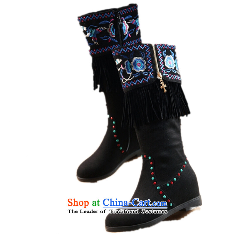 The autumn and winter new long boots children round head high and boots rivets edging boots old Beijing mesh upper ethnic embroidery boots black cotton 34 qin world plus , , , shopping on the Internet