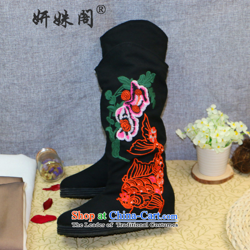 Charlene Choi this court of Old Beijing mesh upper hand embroidered shoes in the bottom layer of thousands of nostalgia for the barrel ladies boot round head flat shoe mother shoe foot shoes pregnant women shoes of black plus 35 cabinet reshuffle this Yeo