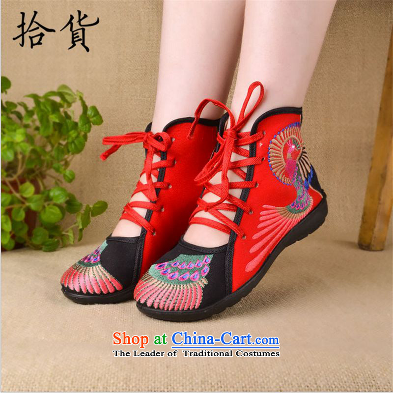 Pick the 2015 autumn and winter of Old Beijing mesh upper women shoes embroidered Dance Shoe cross-Strap-flat bottom single shoe ethnic mother square dancing shoes black 37