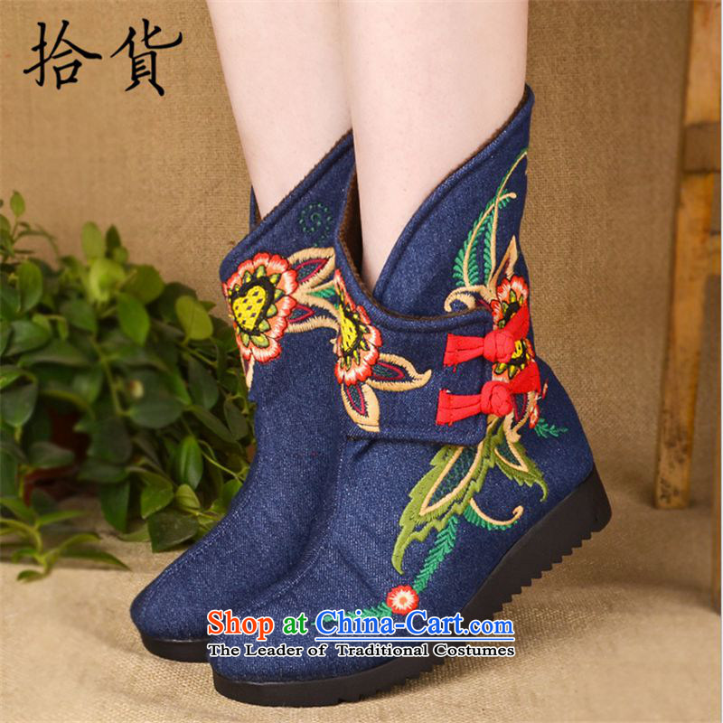 The 2015 Winter Olympics, pick the old Beijing embroidered cotton shoes, Ms. mesh upper ethnic retro-thick boots warm Dance Shoe girl detained in boot disk boots, Blue?39