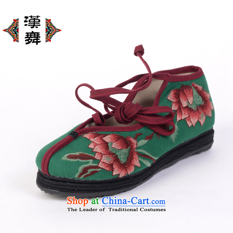 Hon-dance genuine autumn old Beijing mesh upper with embroidered shoes national wind light shoe is soft and comfortable single port shoes round head shoe Lin Green?38