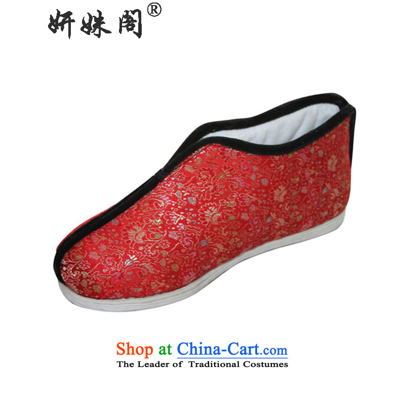 This new cabinet yeon middle-aged women shoes cotton shoes manually bottom thousands damask fabric mother shoe retro pension foot shoes round head flat shoe national warm red 36
