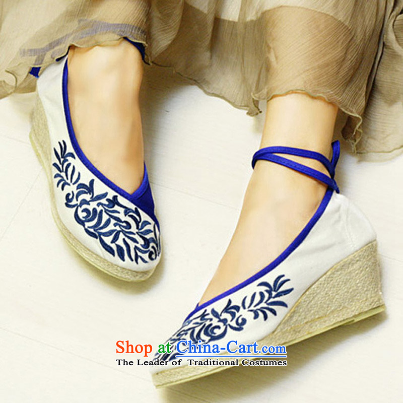 The silk fall of Old Beijing National wind the the high-heel shoes slope with the embroidered shoes porcelain straps mesh upper leisure shoes 301-6 white 38, Ms Shelley silk , , , shopping on the Internet