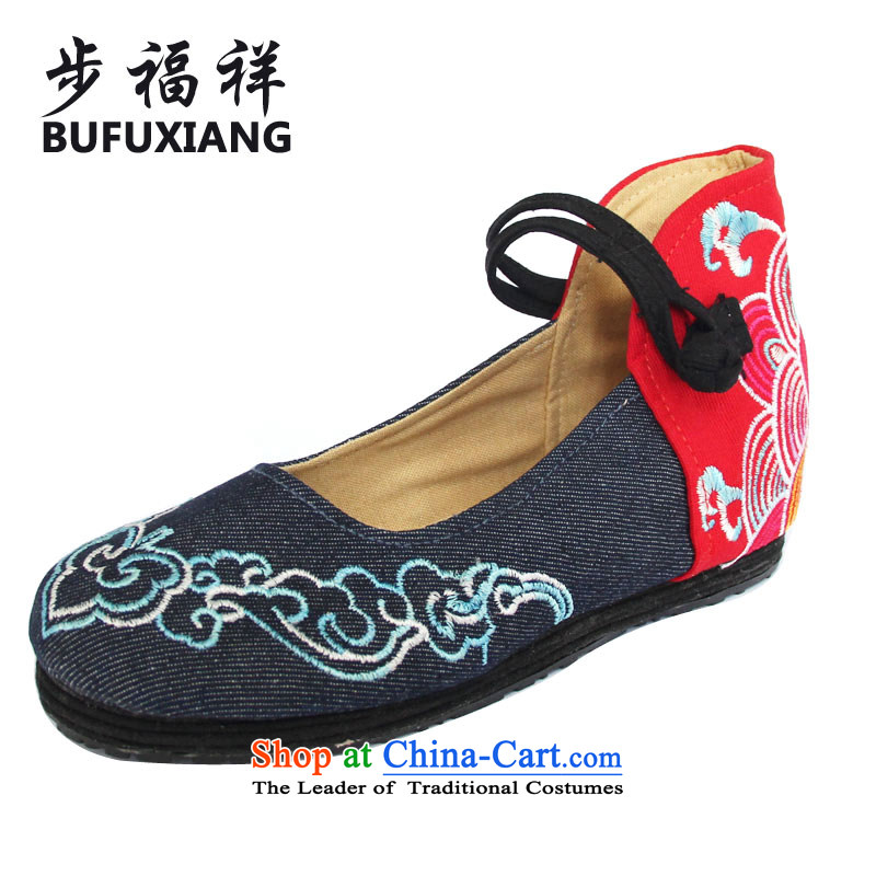 Step Fuk Cheung Chin-layer mesh upper floor stylish embroidered shoes single women shoes TR-866 Blue 39