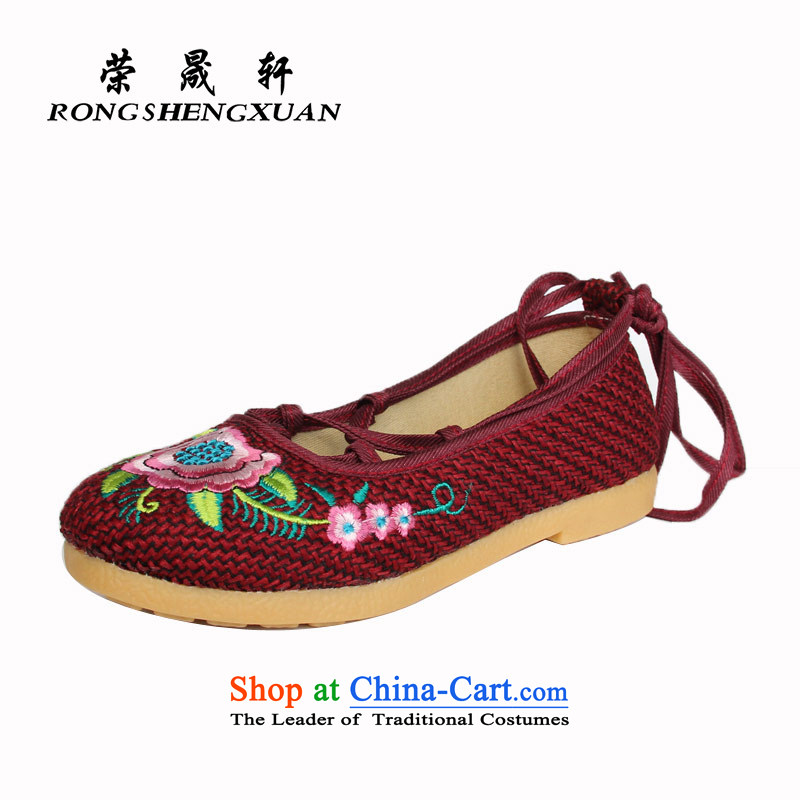 Yong-sung Xuan stylish old Beijing mesh upper flat bottom embroidered shoes breathable pension pin single shoe A14-320 Red?40
