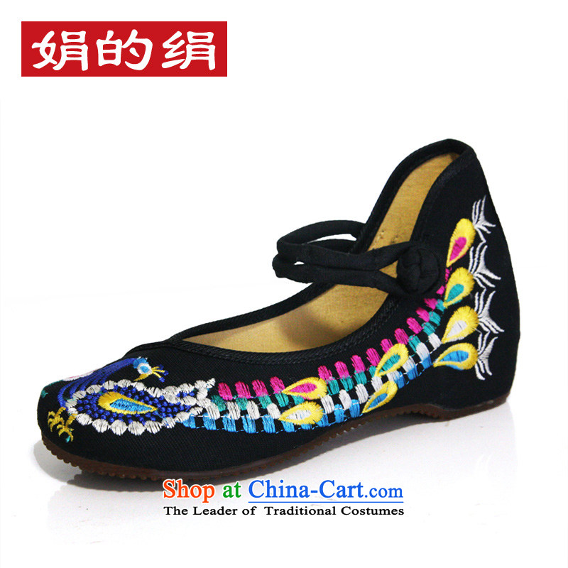 The silk fabric of Old Beijing National wind embroidered shoes marriage shoes with shoe autumn slope rising within single shoe?A412-56?black?36