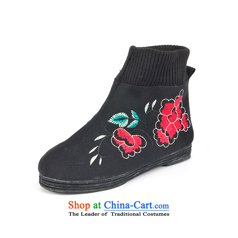 Better well old Beijing Smart Casual Shoes China wind thousands ground female boots autumn, Sepia Wind Flower fortune female folder boots embroidered short boots the bottom female boots聽B-1 Black聽39