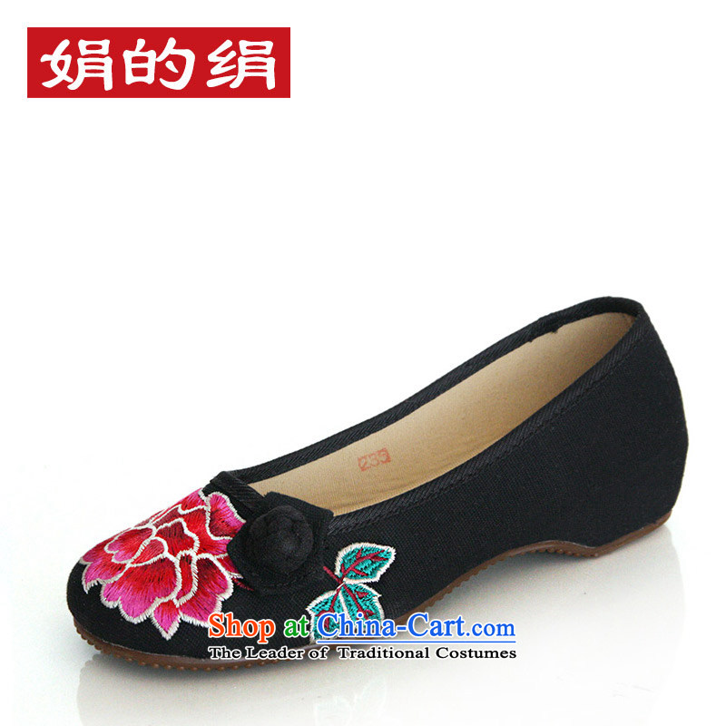 The silk autumn old Beijing mesh upper ethnic embroidered shoes red marriage with increased within the slope shoes, casual women shoes?A412-75 single?black?35