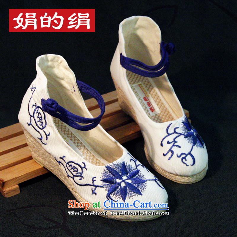 The silk autumn old Beijing mesh upper ethnic embroidered shoes antique porcelain slope with the high-heel shoes light shoe single port 577  39 Ms Shelley white silk , , , shopping on the Internet