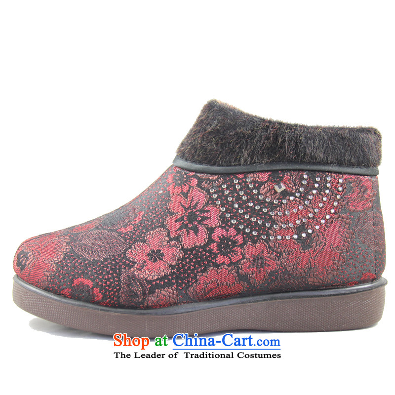 Magnolia Old Beijing mesh upper for older women winter thick slip comfortable dark floral decorations of the lint-free mother shoe 2616-240 red 40, magnolia shopping on the Internet has been pressed.
