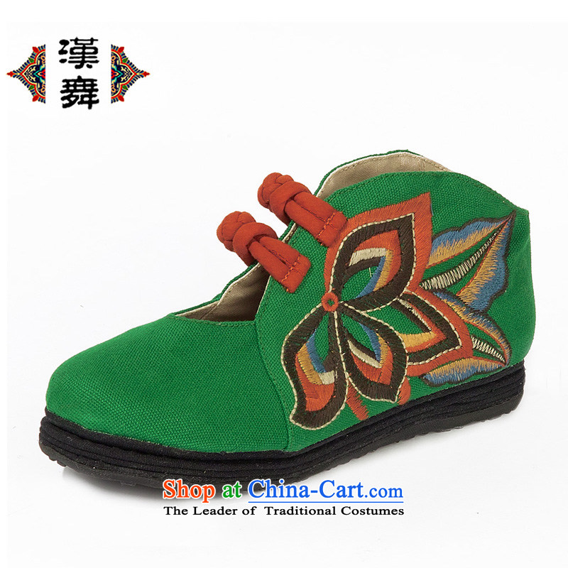 Hon-dance genuine fall ethnic embroidered shoes women shoes of Old Beijing mesh upper pin Thick feet wide female tray clip classical comfortable middle-aged female Shoes, Casual Shoes _ dance as green _?35
