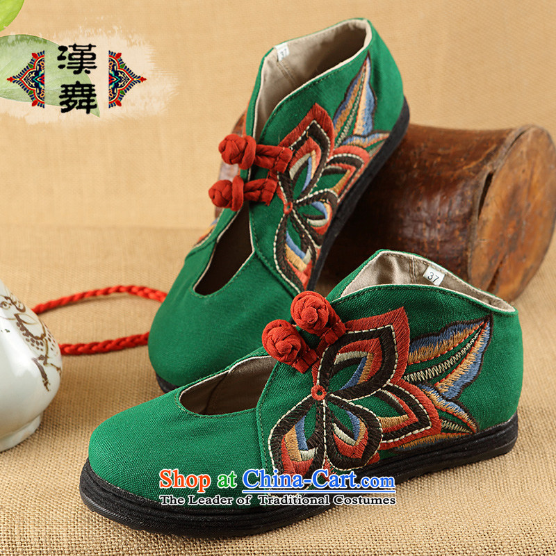 Hon-dance genuine fall ethnic embroidered shoes women shoes of Old Beijing mesh upper pin Thick feet wide female tray clip classical comfortable middle-aged female Shoes, Casual Shoes & dance as green ( 35, Han dance , , , shopping on the Internet