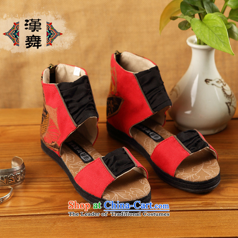 Hon-dance genuine offer old Beijing women shoes comfortable shoes bottom of thousands of ethnic embroidered shoes open toe fish tip sandals female artists of the Red Flower ink 37, Han-dance , , , shopping on the Internet