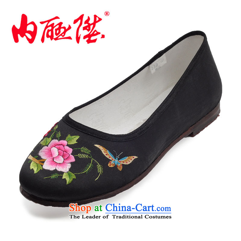Inline l women shoes psoriasis inserts mesh upper-bottom half embroidered sea smart casual_Old Beijing 7251A mesh upper black peony 39