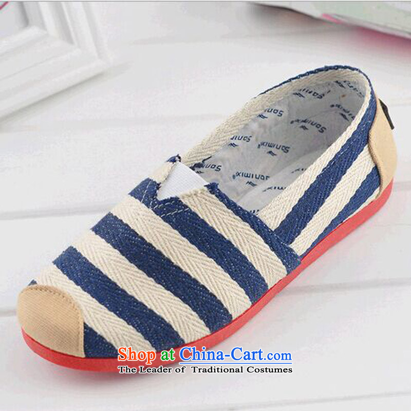  The spring of 2015, good road new flat base flat fashion of Old Beijing Women's Shoe streaks mesh upper Queen Mary single men Shoes, Casual Shoes Y-502 A blue striped 38