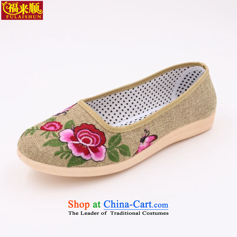 Mesh upper with old Beijing embroidered shoes China wind single shoe linen embroidered with soft, light women shoes Yellow 36