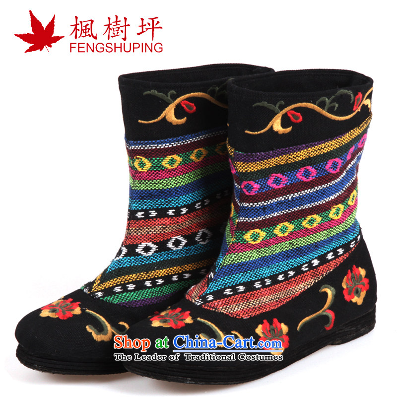 Maple-pyeong of Old Beijing mesh upper ladies boot thousands ground spring and autumn embroidery characteristics of the black velvet T815M boots plus 38