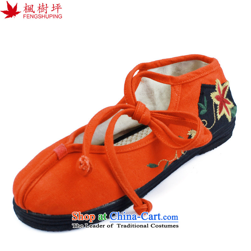 Maple-pyeong of ethnic thousands ground of old Beijing mesh upper stylish flat bottom embroidered shoes, casual women shoes orange B12 35