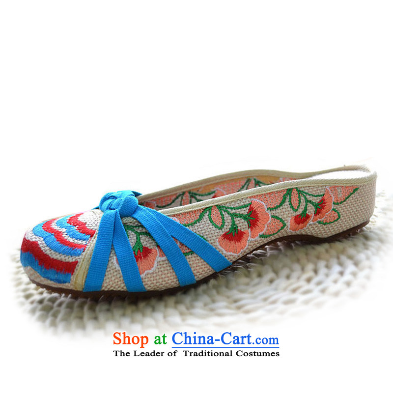The first door of Old Beijing mesh upper female stylish embroidered shoes summer embroidered slippers ethnic Baotou cool with small slope and drag the bottom of beef tendon beige?34