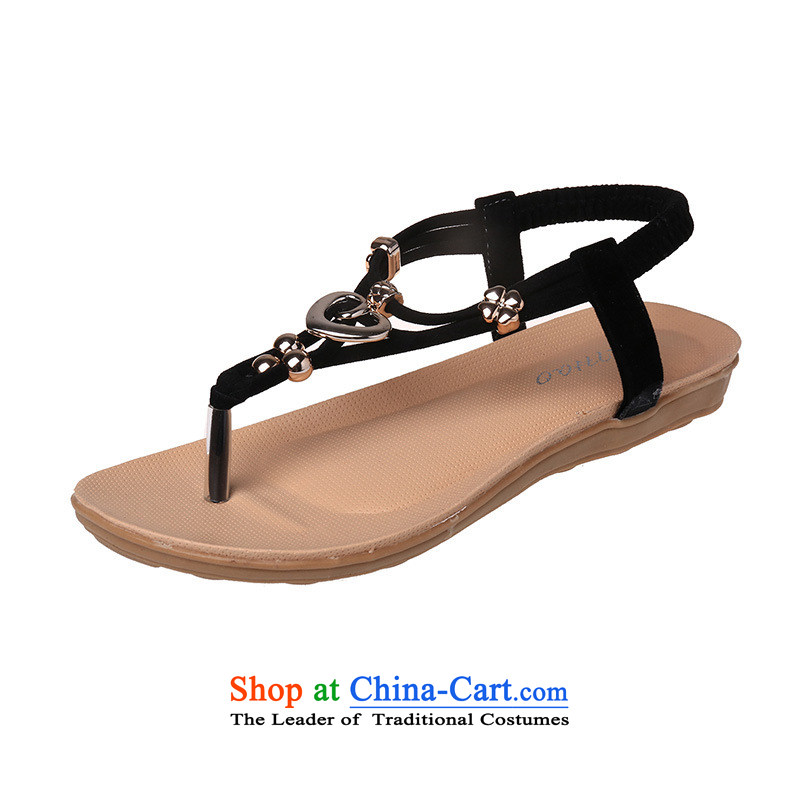 Summer 2015 new Korean Bohemia female sandals stylish elastic flat shoe water drilling beach shoes B051YZ black?40