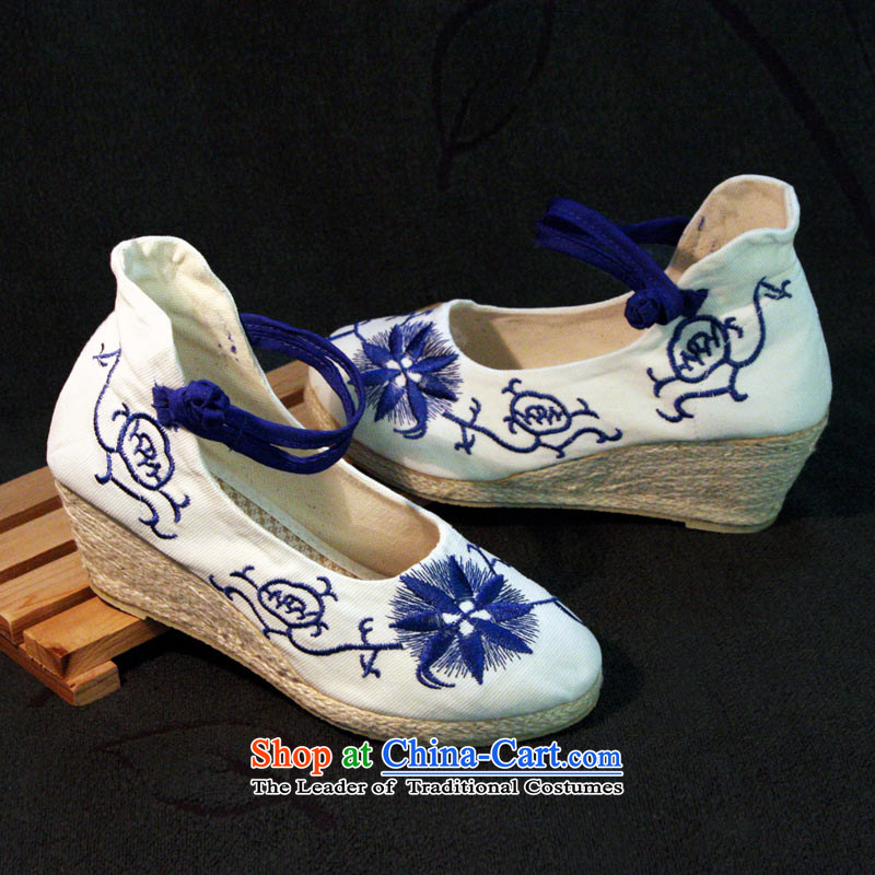 The silk autumn old Beijing mesh upper ethnic embroidered shoes antique porcelain slope with the high-heel shoes light shoe 577 Single Port  38, Ms Shelley white silk , , , shopping on the Internet