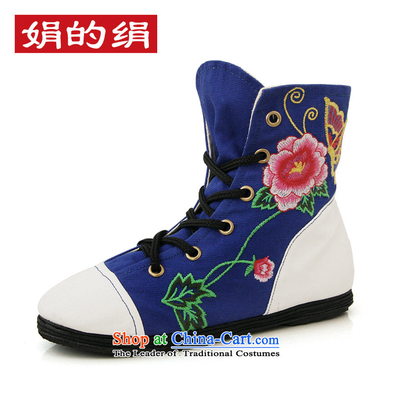The silk autumn Shelley leisure old Beijing mesh upper ethnic flat bottom embroidered shoes porcelain tether canvas shoes? 293?White Blue?37