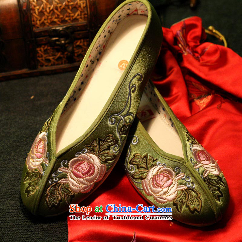 The silk autumn old Beijing mesh upper ethnic embroidered shoes bride shoes shoes bottom thousands of marriage female flat bottom single shoe 901 green + bottom 34, Shelley thousands of silk , , , shopping on the Internet