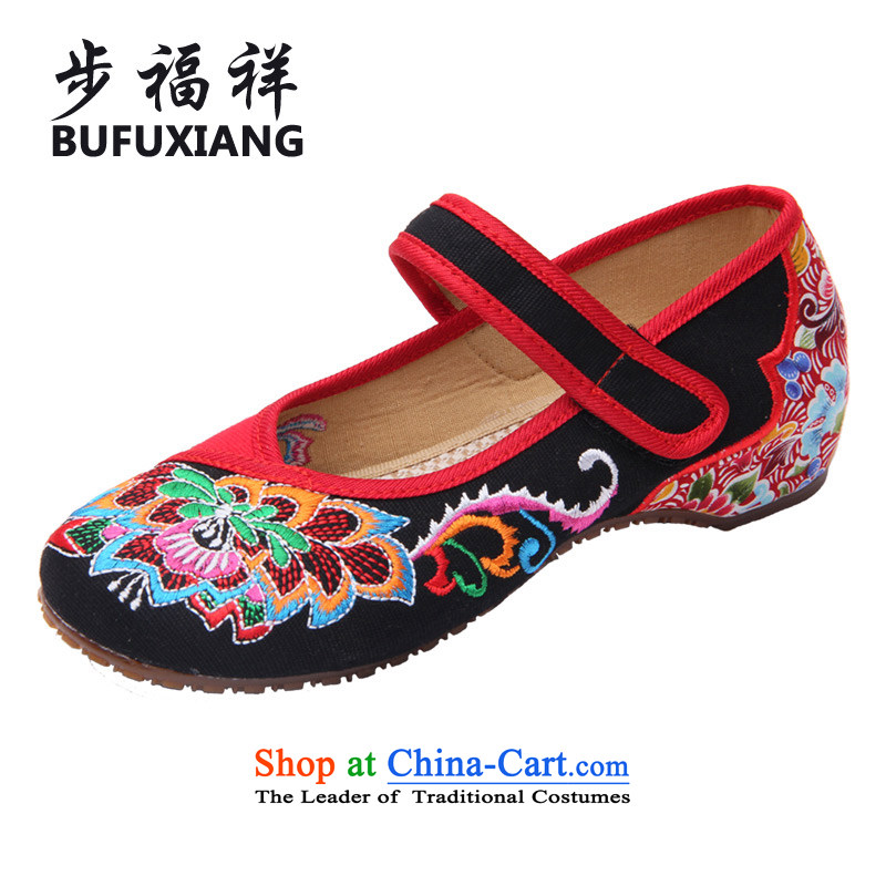 Step Fuk Cheung 2015 new old Beijing ethnic dance mesh upper strap embroidered shoes increased with the female singles shoes slope A01-7 black 37