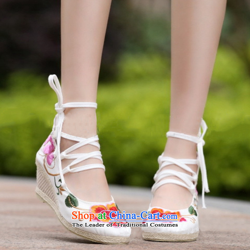 Mesh upper with old Beijing embroidered shoes with ethnic slope waterproof shoes with high female red beaded shoes bride White (37, Beijing) with embroidery well remember , , , shopping on the Internet