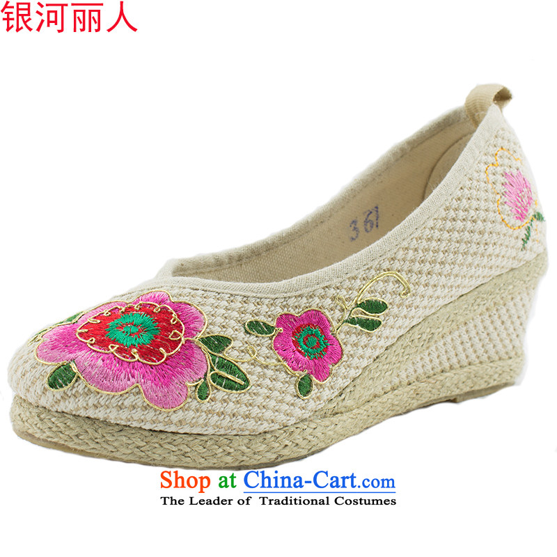 2015 new old Beijing mesh upper ethnic embroidered shoes linen high-heel shoes two wearing shoes 1707 1707, Ms. single beige35