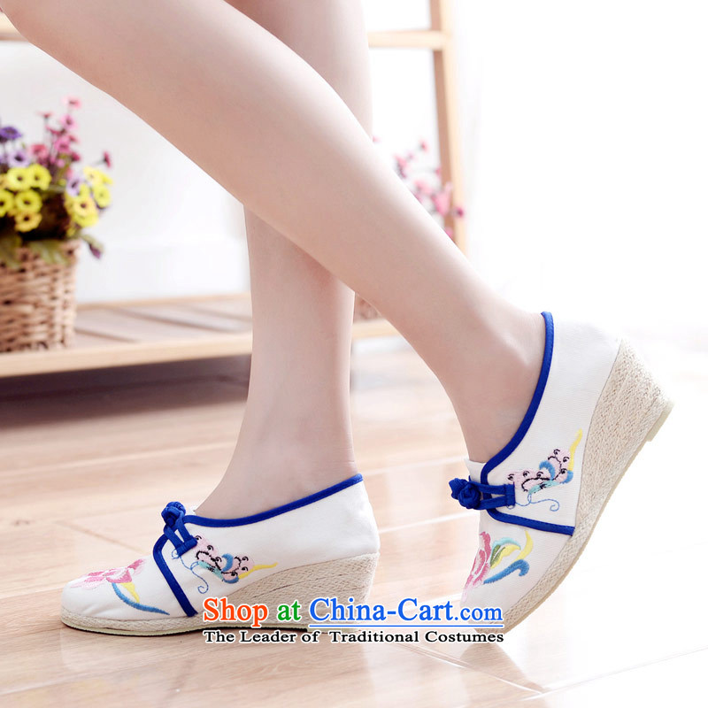 The silk autumn old Beijing mesh upper ethnic embroidered shoes with retro blue-slope the the high-heel shoes 818-17 single leisure white 38, Ms Shelley silk , , , shopping on the Internet