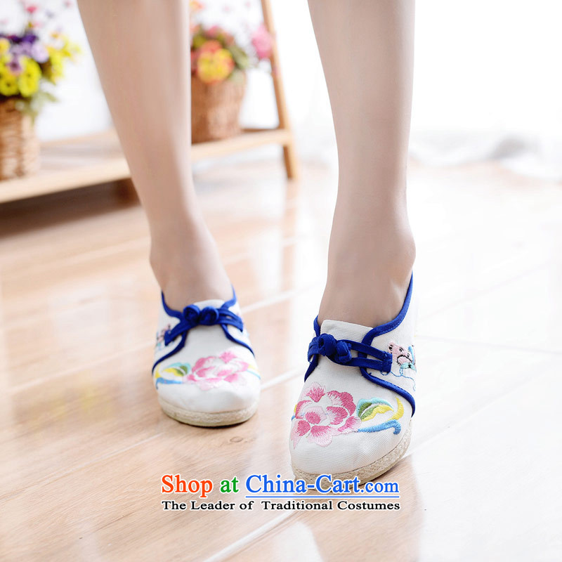 The silk autumn old Beijing mesh upper ethnic embroidered shoes with retro blue-slope the the high-heel shoes 818-17 single leisure white 35-youns silk , , , shopping on the Internet