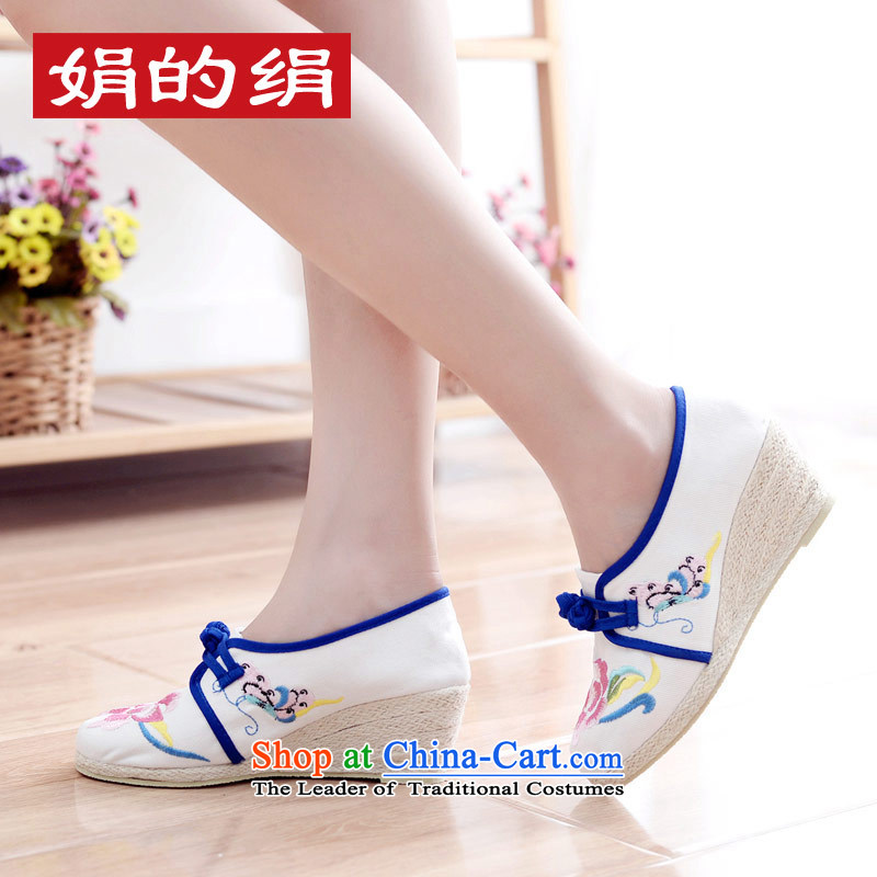 The silk autumn old Beijing mesh upper ethnic embroidered shoes with retro blue-slope the the high-heel shoes 818-17 single leisure white 35-youns silk , , , shopping on the Internet