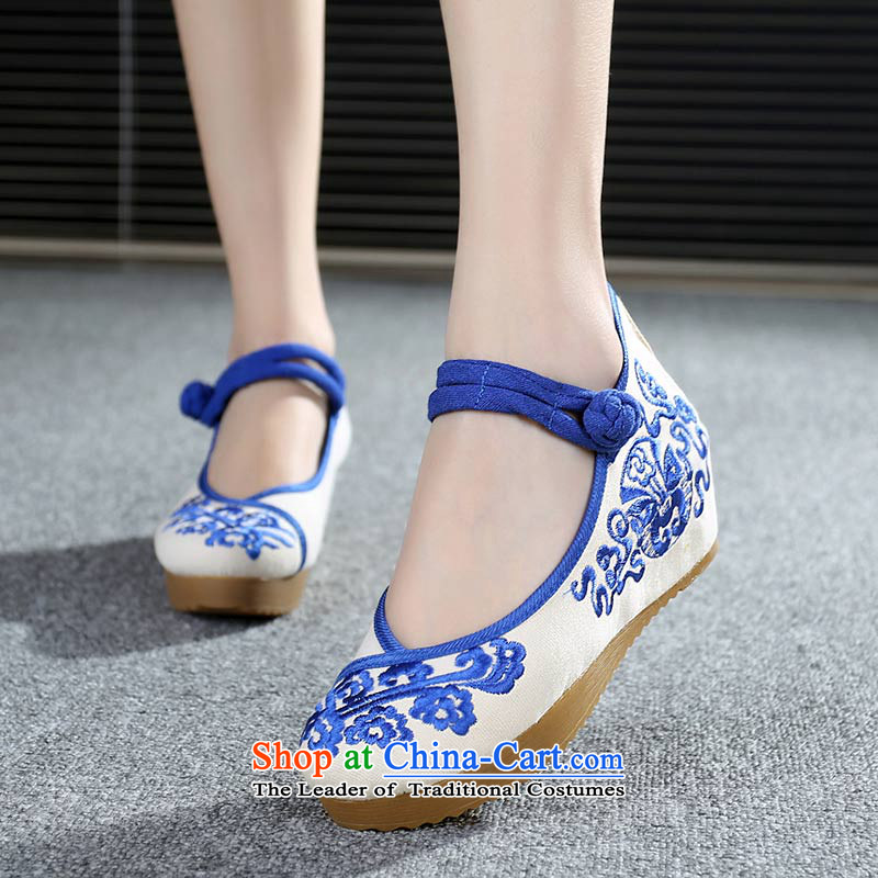 The silk fall within the old Beijing mesh upper ethnic embroidery increased thick blue shoes with high with slope 108-13 blue shoes 39 Ms Shelley silk , , , shopping on the Internet
