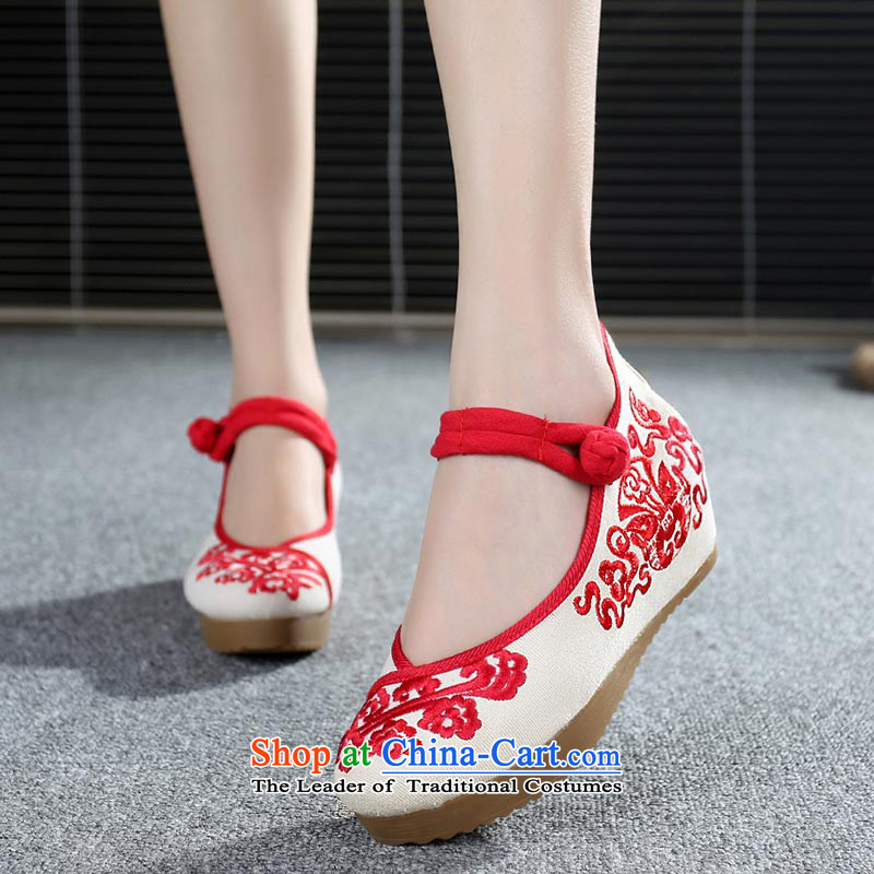 The silk fabric of Old Beijing increased ethnic autumn embroidery thick blue shoes with high with slope 108-13 red 40, Shelley shoes of silk , , , shopping on the Internet