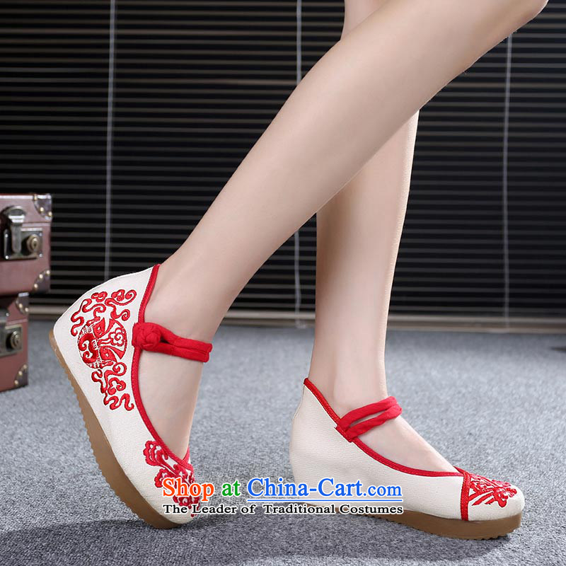 The silk fabric of Old Beijing increased ethnic autumn embroidery thick blue shoes with high with slope 108-13 red 40, Shelley shoes of silk , , , shopping on the Internet
