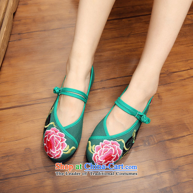The silk autumn old Beijing mesh upper ethnic embroidered shoes a field-flat bottom shoe single shoe 88-99 18  36 Ms Shelley dark green silk , , , shopping on the Internet