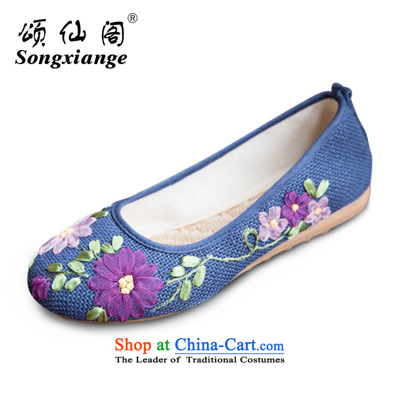 Chung Pavilion Old Beijing embroidered shoes female ping with beef tendon bottom of ethnic linen Shoes, Casual Shoes women shoes A-502 Blue 36