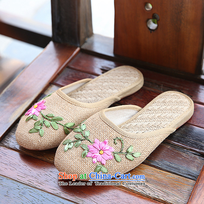 Chung Pavilion Old Beijing embroidered slippers slip linen beef tendon Bottom stay floor and sweat-wicking deodorants flax pad Y-107 beige 39