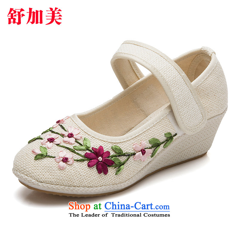 New e-mail package beef tendon at its different from the old Beijing breathable mesh upper with flax manually ribbon embroidered shoes women shoes dance rice white?40