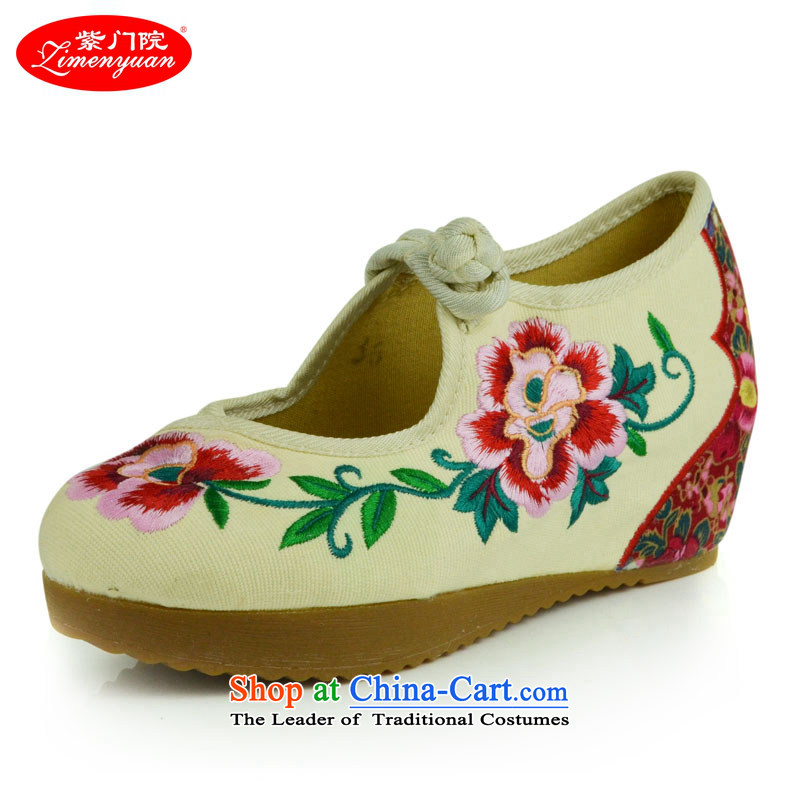 The first door of Old Beijing Ms. mesh upper embroidered shoes of ethnic stylish single high-heel shoes increased within light port plate fasteners retro beige37