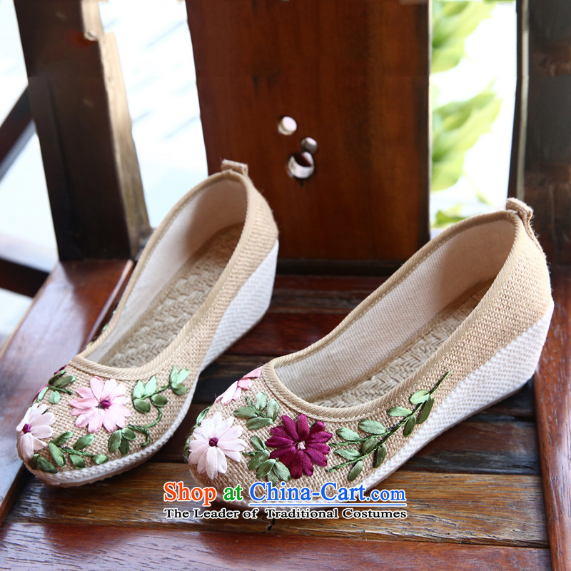 Chung Autumn Pavilion new ethnic embroidered shoes with beef tendon bottom slope of the high-heel shoes, casual women shoes A-524 single beige 37, Chung Sin songxiange Pavilion () , , , shopping on the Internet