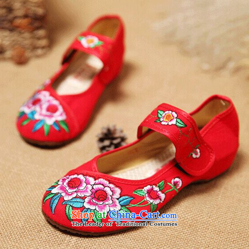 The autumn and winter new mesh upper beef tendon at its increased behind with retro style round head soft bottoms marriage shoes single shoe Red?39