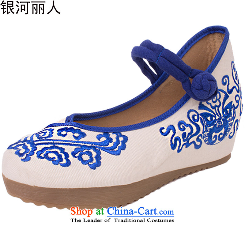 Spring, Summer, Autumn and embroidered shoes of ethnic women shoes increased within stylish single shoe old Beijing mesh upper square dancing shoes 1915 Blue 37