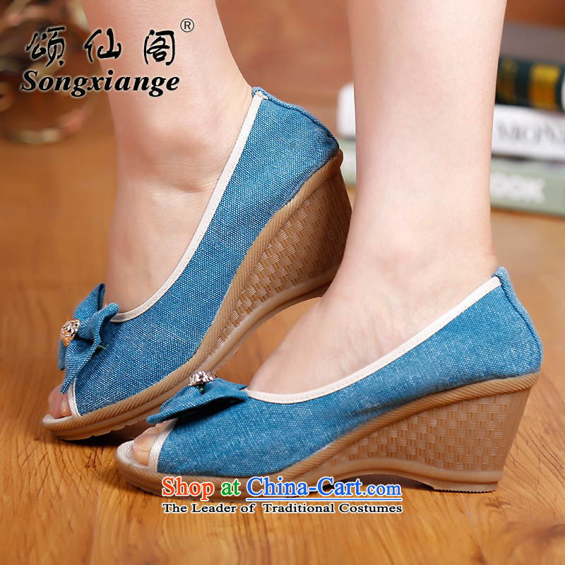 Chung Pavilion summer new high-heel shoes mouth fish embroidered shoes with Ms. slope sandals beef tendon bottom womens single women shoes?E-313?blue love,?39