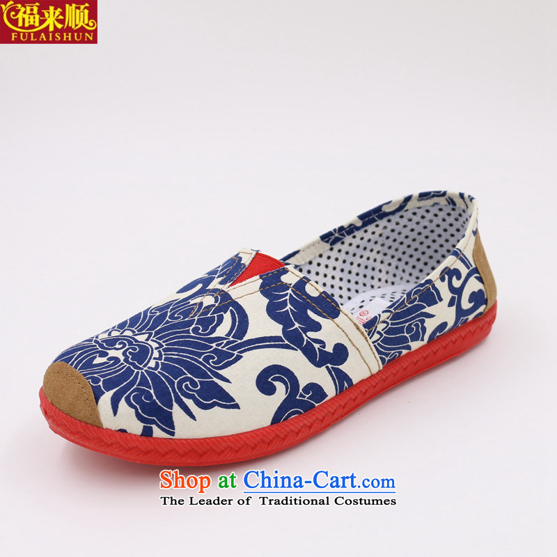 Mesh upper with old Beijing porcelain Patterns of female single shoe pin leisure canvas shoes flat bottom female students shoes , 08 Blue 36