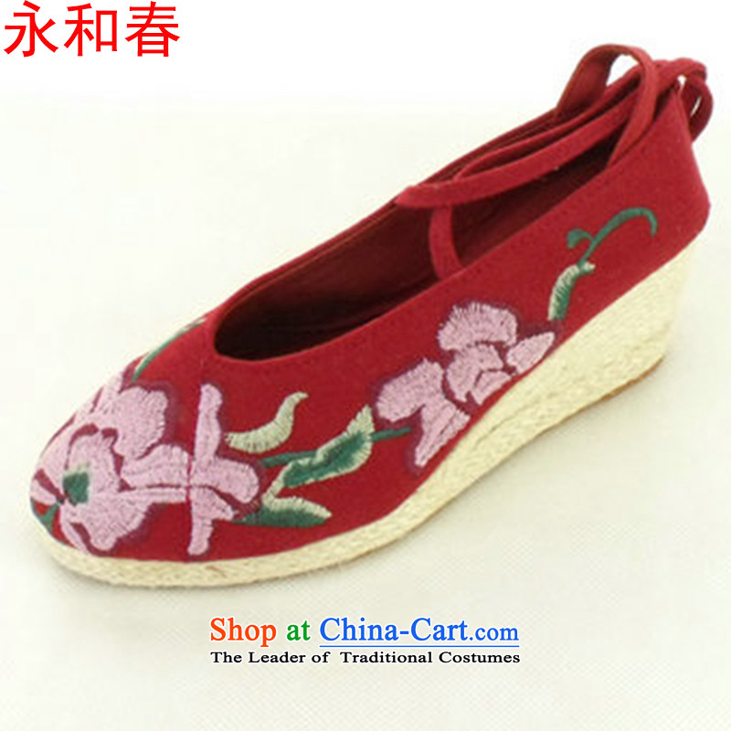 2015 new wealth Mudan Old Beijing Women's Shoe retro mesh upper ethnic slope with embroidered shoes increased women's shoe A-2-2 mauve 39